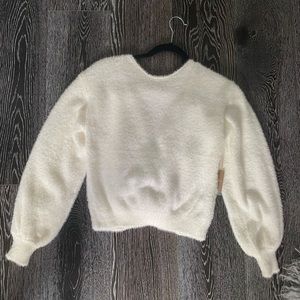 White fuzzy sweater with open back